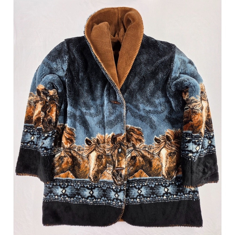 Womens Black Mountain Fleece Reversible‎ Coat Jacket Horses Western 1XL USA Made